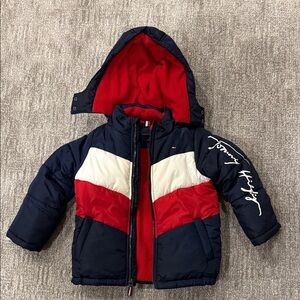 Tommy Hilfiger Kids Red and Navy Puffer Fleece Hood Jacket Size 4T